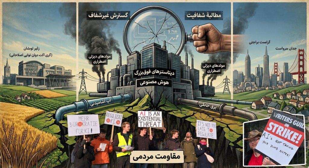 Real protests against opaque artificial intelligence expansion, shown with a data center, water and power use, and environmental impacts
