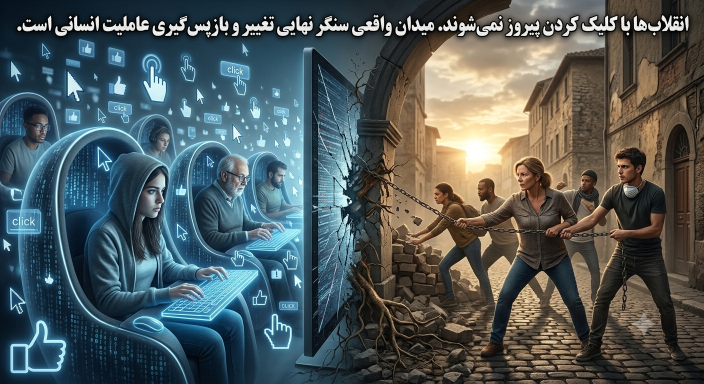 تصویر مفهومی مقایسهٔ کنش‌گری دیجیتال با حضور و سازماندهی در خیابان