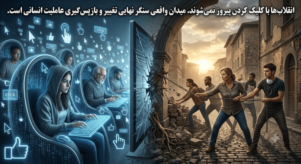 تصویر مفهومی مقایسهٔ کنش‌گری دیجیتال با حضور و سازماندهی در خیابان