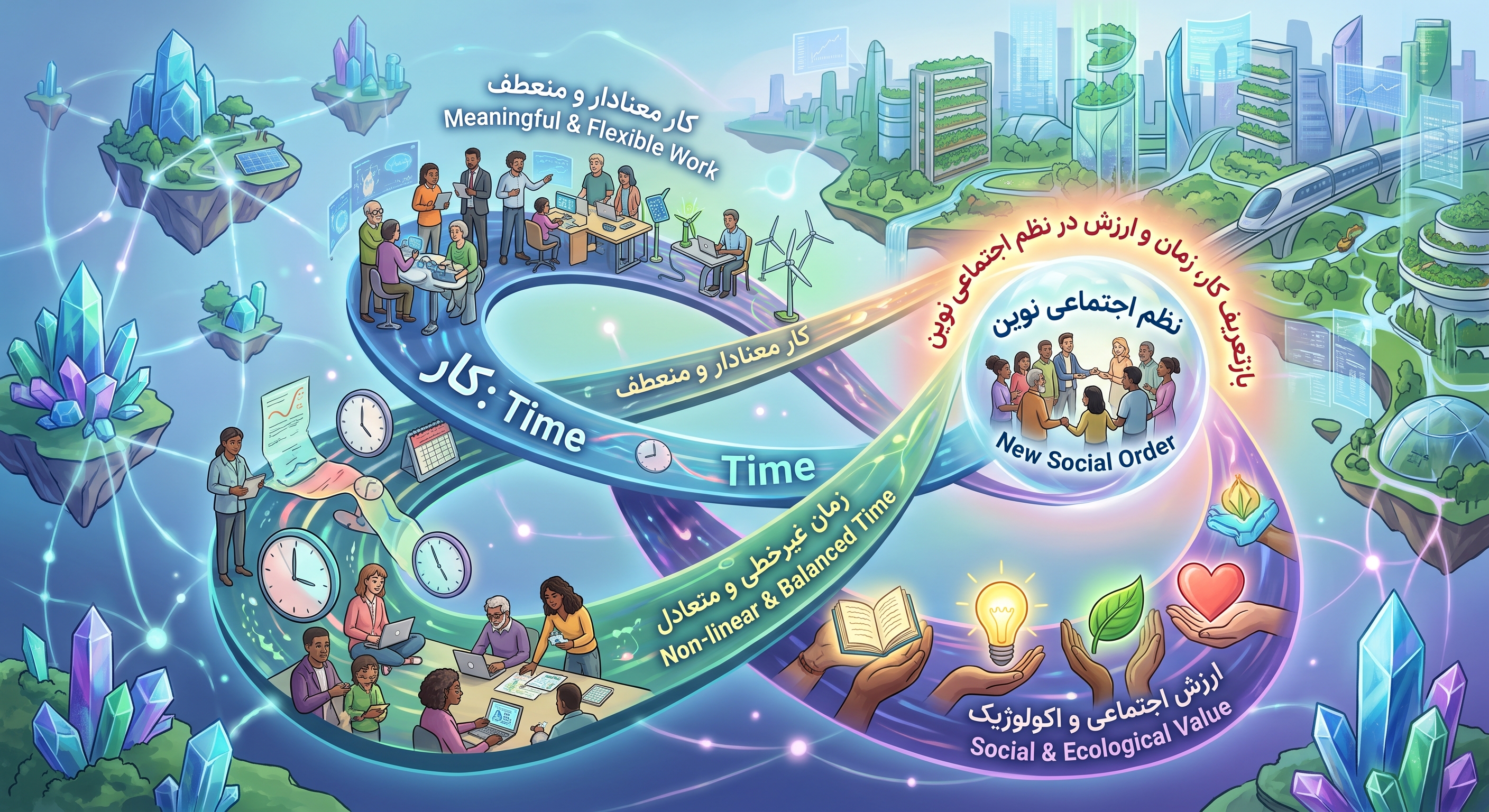 تصویر مفهومی کار، زمان و ارزش اجتماعی و زیست‌محیطی در نظم اجتماعی نوین — Work, time, and social and ecological value in a new social order.