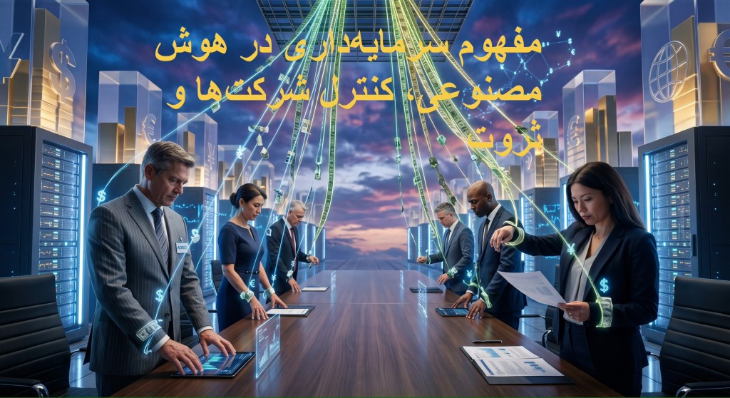 تصویر مفهومی مدیران شرکت‌ها و رشته‌های پول در میان مراکز داده؛ نمادی از تمرکز قدرت و ثروت در هوش مصنوعی