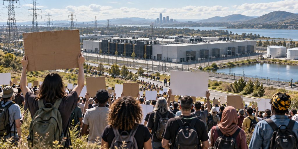 Illustration of a peaceful crowd with placards near a data center, power lines, and water infrastructure