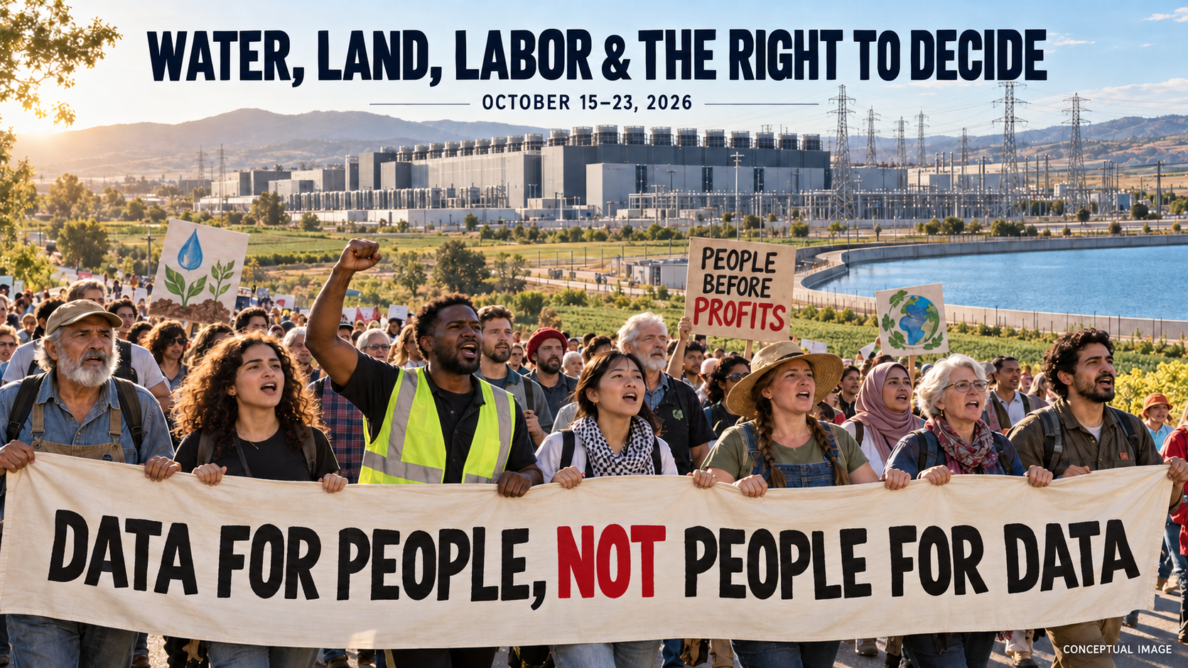 Conceptual image of workers, farmers and residents marching near a data center, defending water, land and public decision-making.