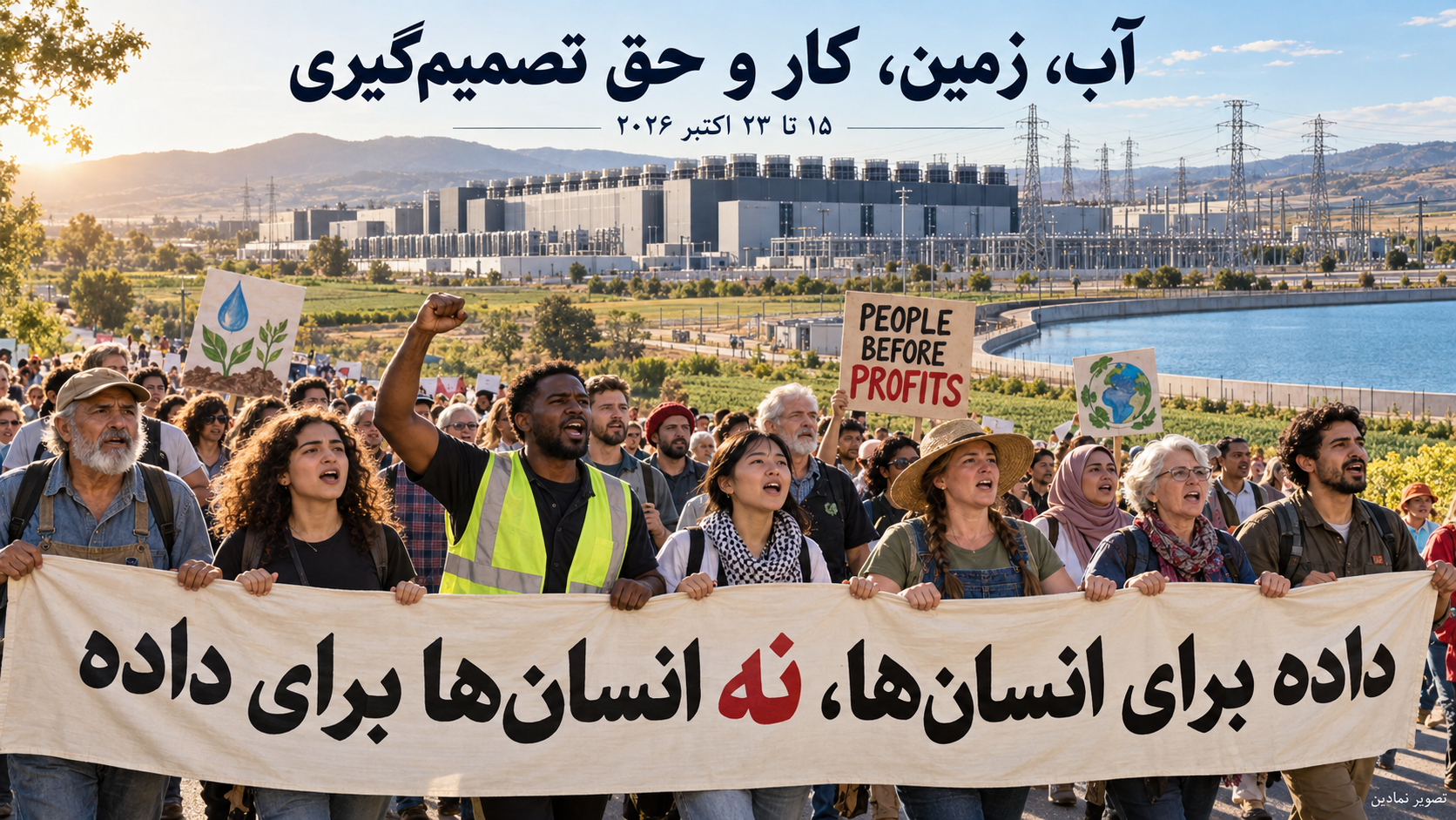 تصویر نمادین راهپیمایی کارگران، کشاورزان و ساکنان در برابر مرکز داده؛ دفاع از آب، زمین و حق تصمیم‌گیری