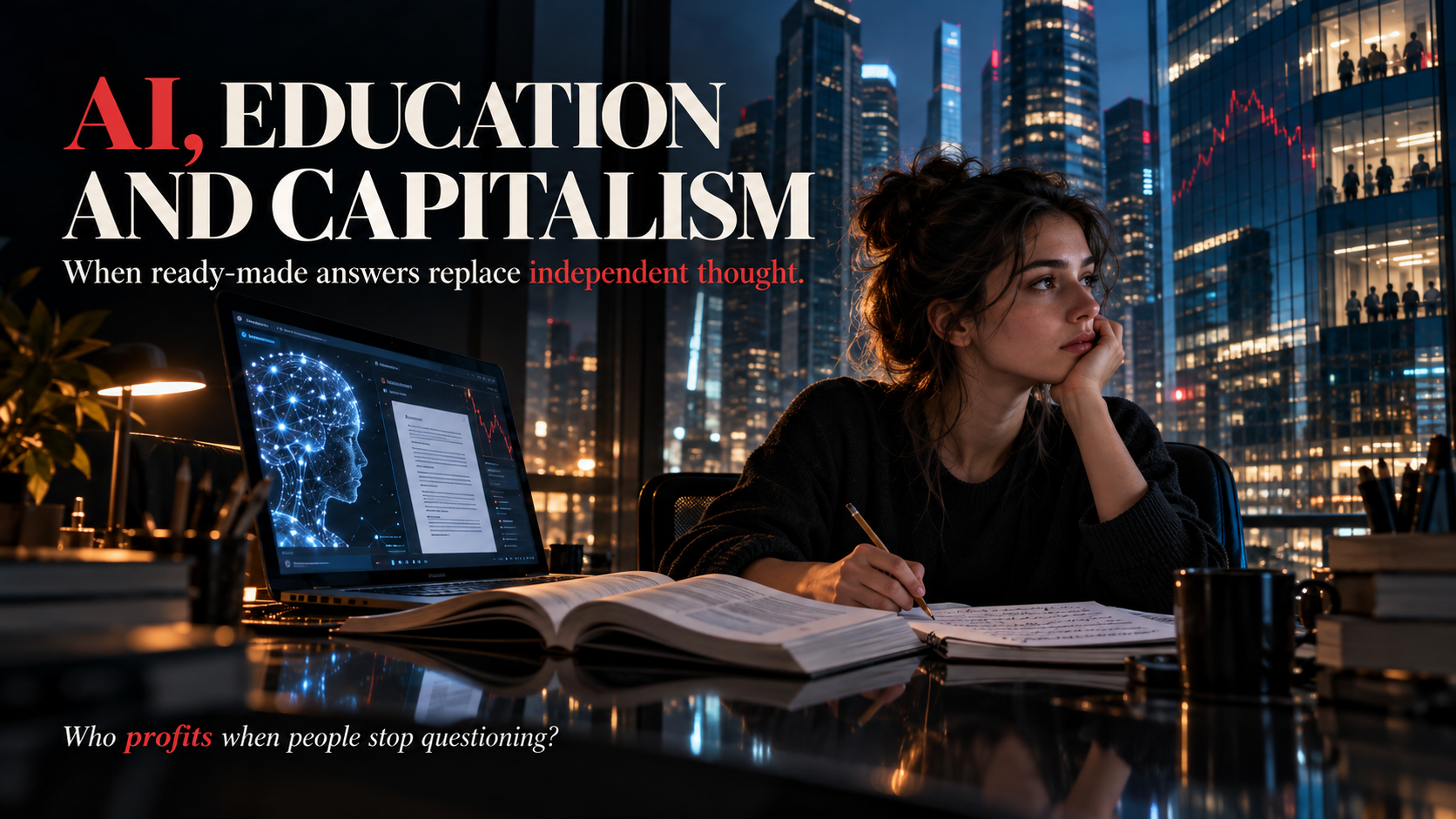Conceptual image of AI, education and capitalism: a student, learning tools and corporate towers