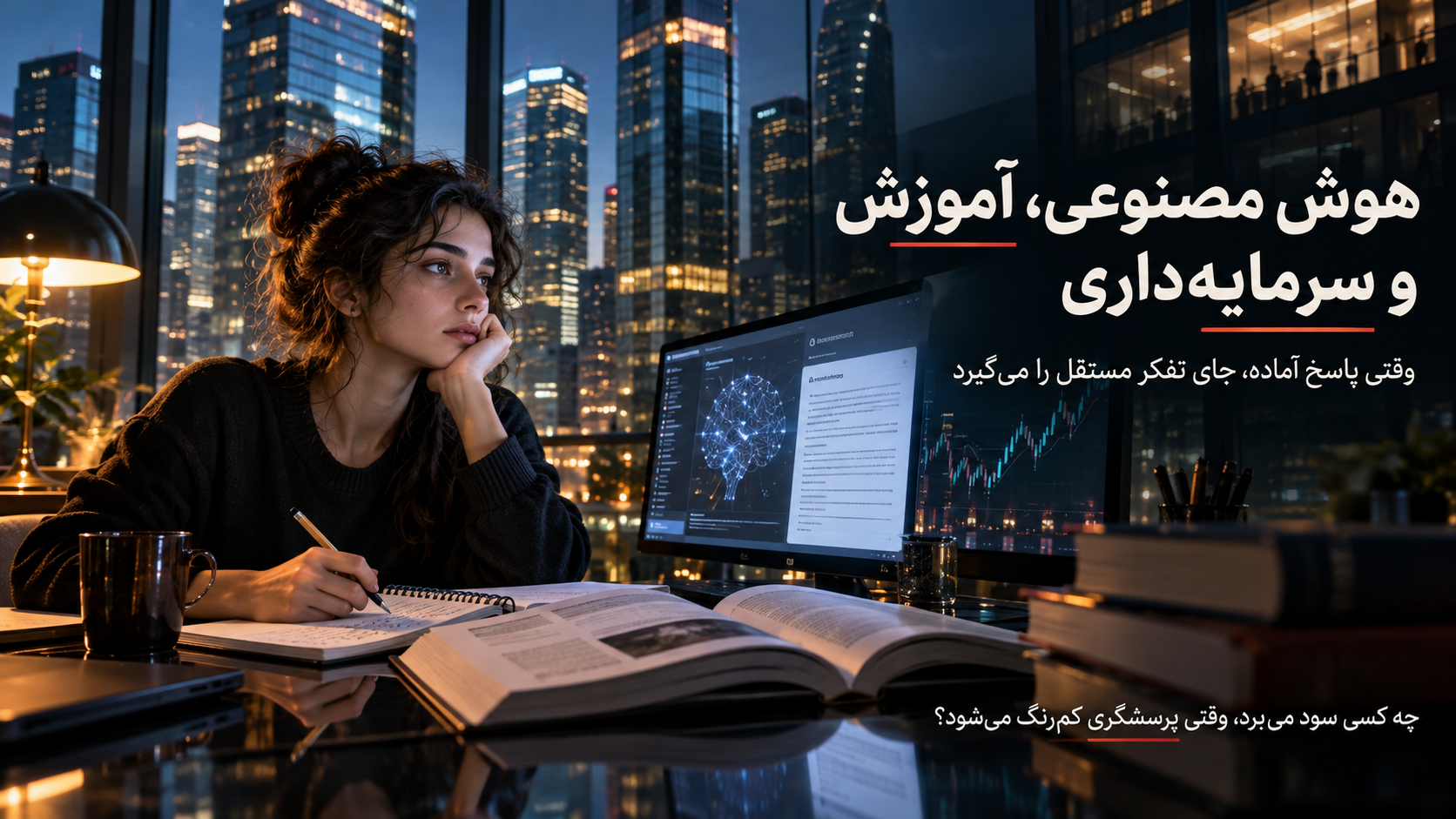 نمایانگر مفهومی هوش مصنوعی، آموزش و سرمایه‌داری؛ دانشجو، ابزار یادگیری و برج‌های شرکت‌ها