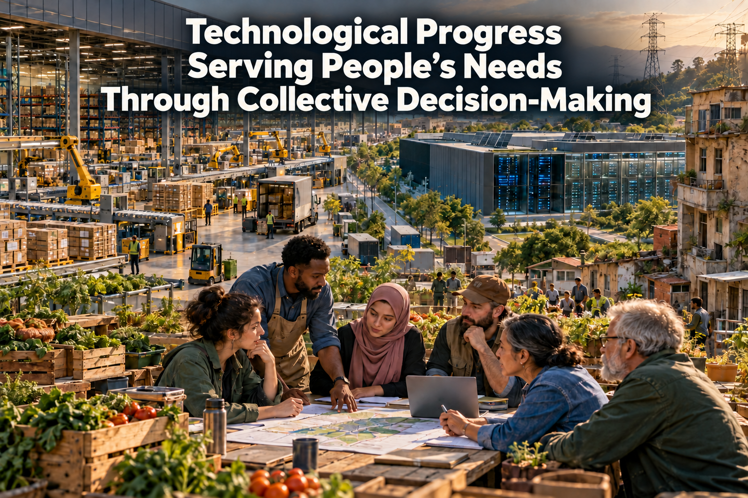 Conceptual image of automated production, a data center, and people participating in collective planning, with an English headline