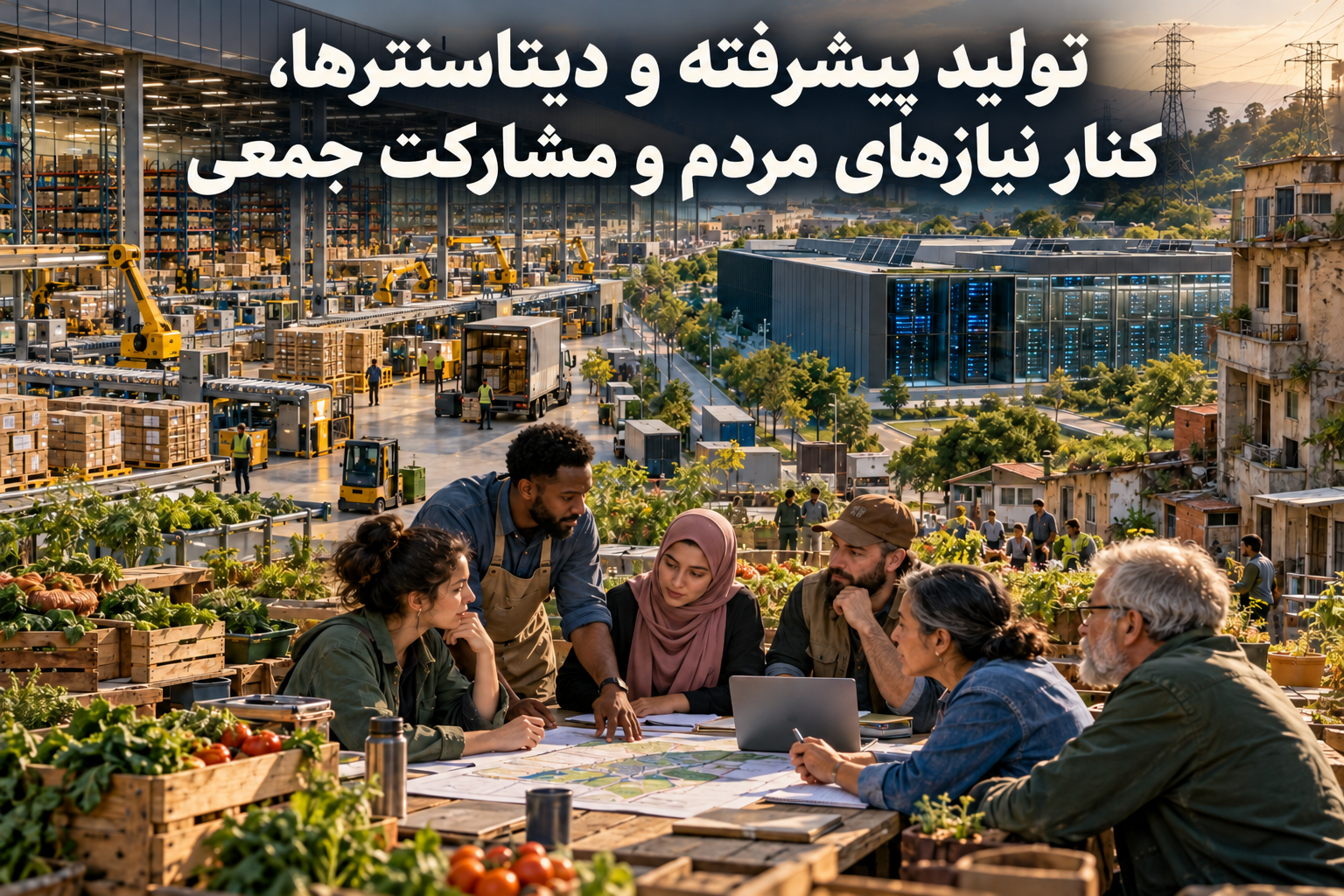 تصویر مفهومیِ تولید خودکار، دیتاسنتر و مشارکت مردم در تصمیم‌گیری؛ با نوشتهٔ فارسی