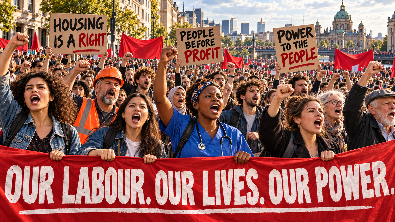 Conceptual image of social protests, collective production and concentrated wealth