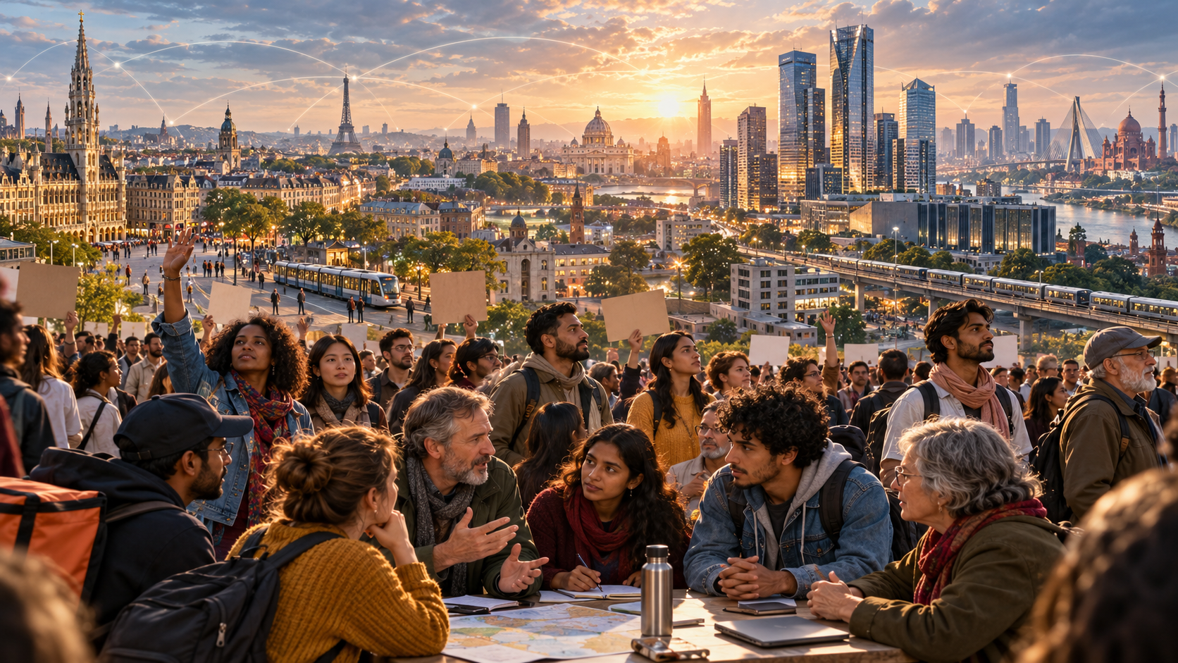 Conceptual image of public protest, concentrated wealth and collective participation across global cities