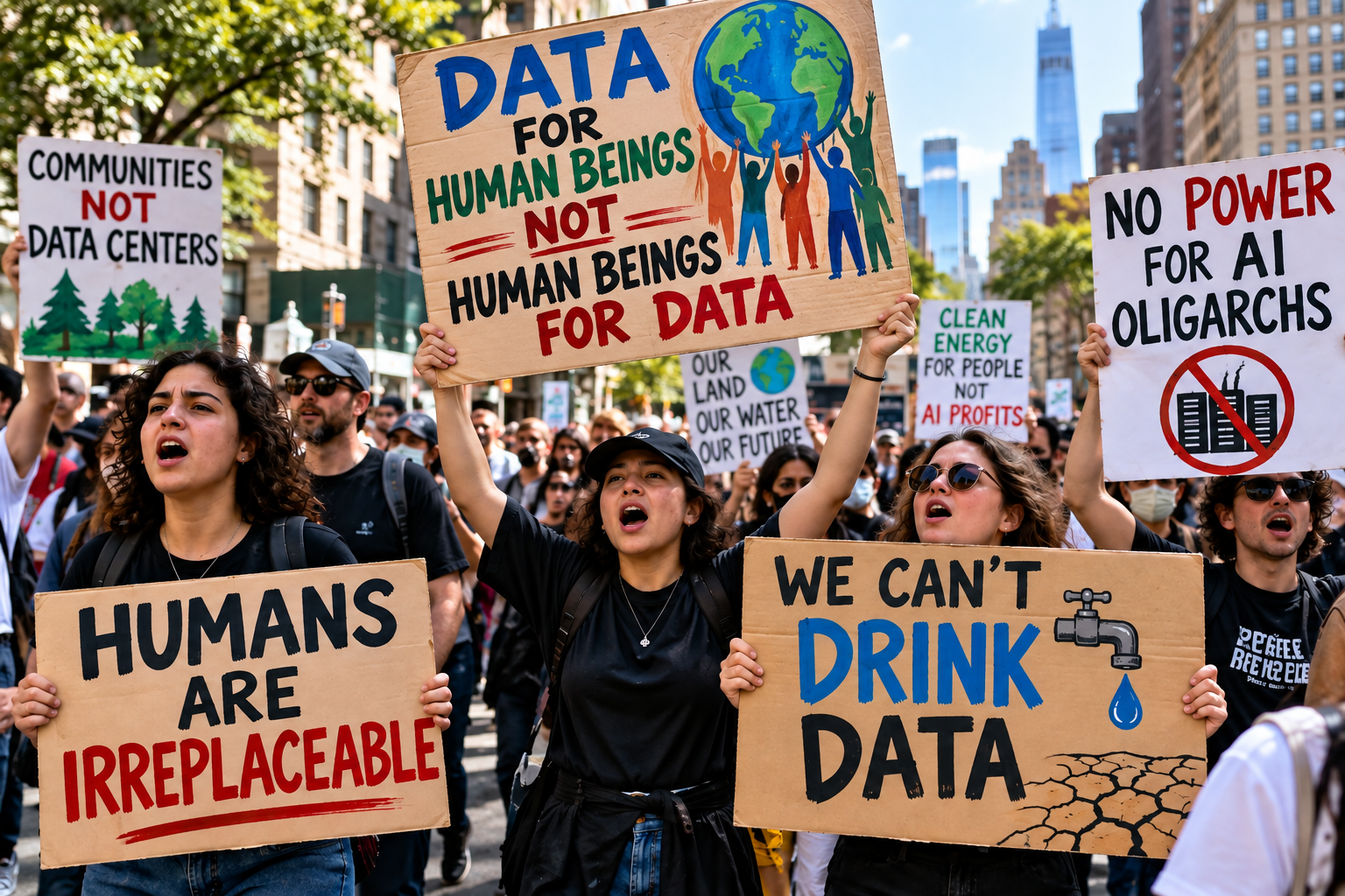 Illustration of a public protest against harmful uses of AI and data centers, with a central sign reading Data for Human Beings, Not Human Beings for Data.